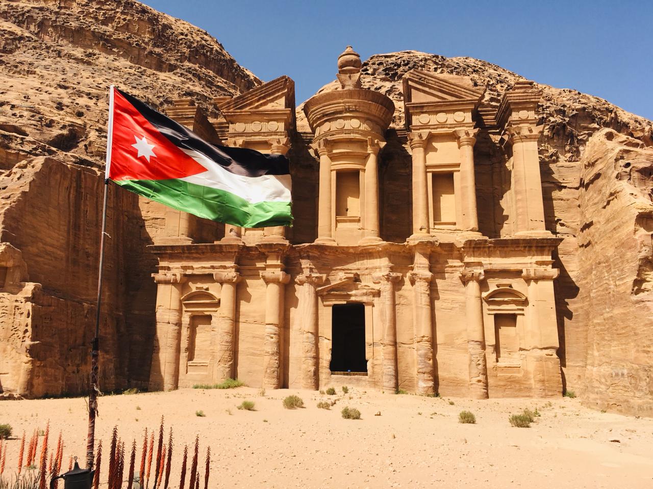 Monastery Petra with Jordan Flag
